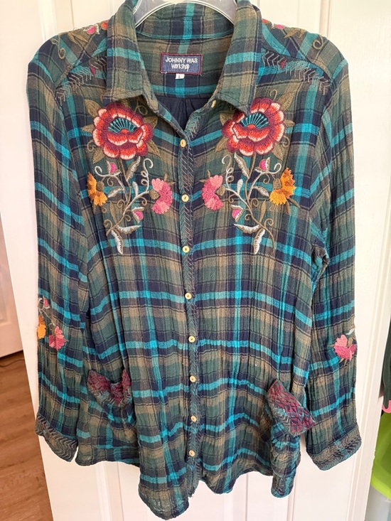 Johnny Was Tops - Johnny Was Green & Teal Plaid Embroidered Button-Down Shirt